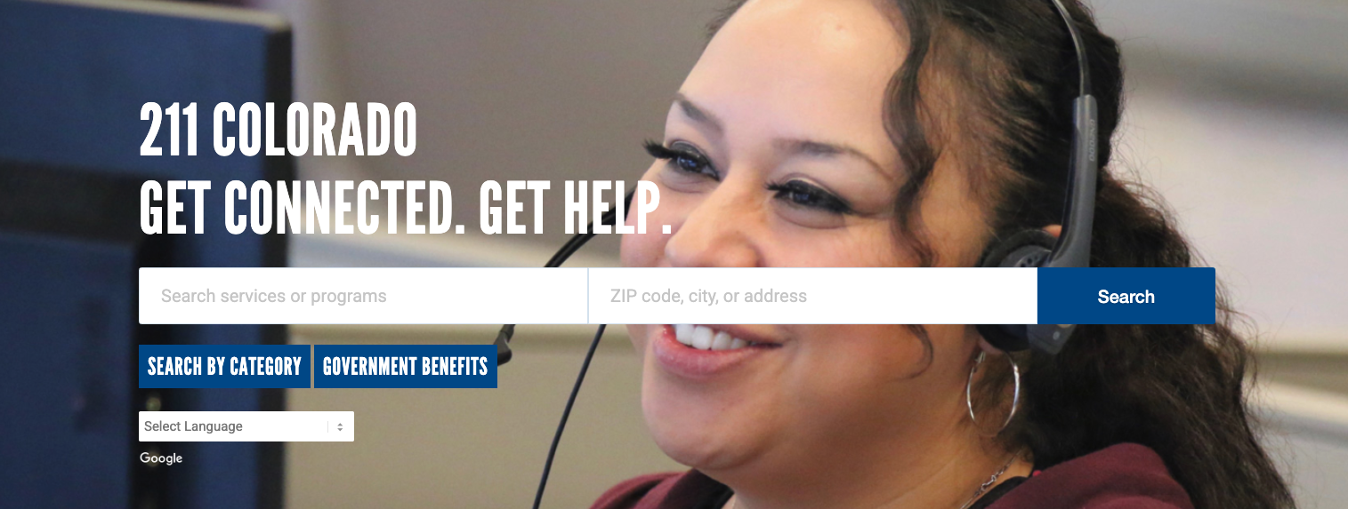screenshot of 211 Colorado's website